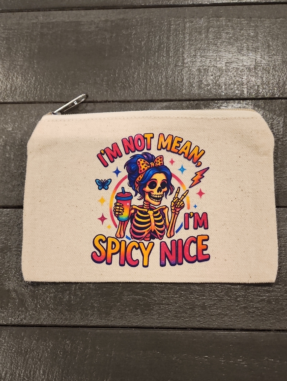 “I’m Not Mean, I’m Spicy Nice” Canvas Zipper Pouch | Funny Skeleton Cosmetic Bag